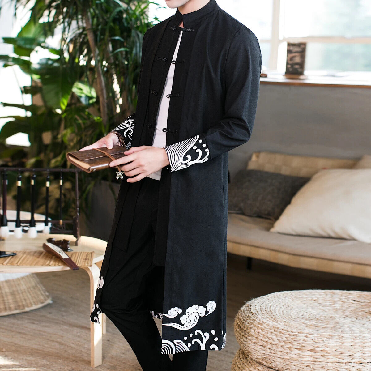 Coat Men Cardigan Coat Male Long Chinese Style Black Loose Linen Jacket