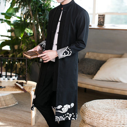 Coat Men Cardigan Coat Male Long Chinese Style Black Loose Linen Jacket