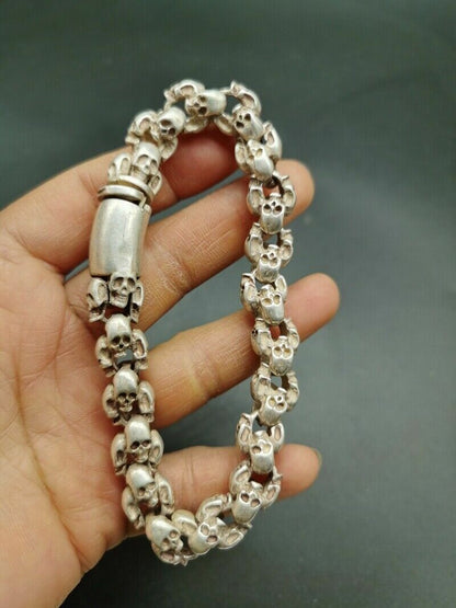 Old Chinese tibet silver hand-carved Skull lucky Bracelet