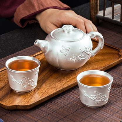 Silver Tea Set One Pot Two Cups Ceramic Kung Fu Teapot Silver Lid Bowl
