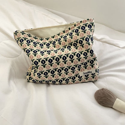 Corduroy Cosmetic Bag Flower Print Travel Purse Storage Bag 18*25*5CM Zipper 1PC