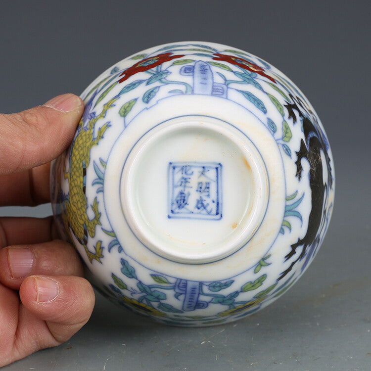 3.5" China Ming Doucai Porcelain Pottery Handmade Animal Kylin Cup Bowl