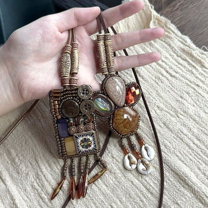 Bohemian Ethnic Necklace 2Pcs Shell Tassel Vintage Layered Sweater Chain