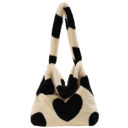 Heart Leopard Print Bag Soft Plush Shoulder Bag Large Travelling Purse 30*25*6CM