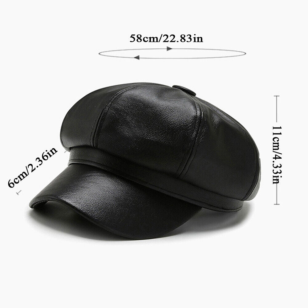 Womens Octagonal Cap PU Leather Cap Duck Tongue Cap Beret Fashion Winter Hat