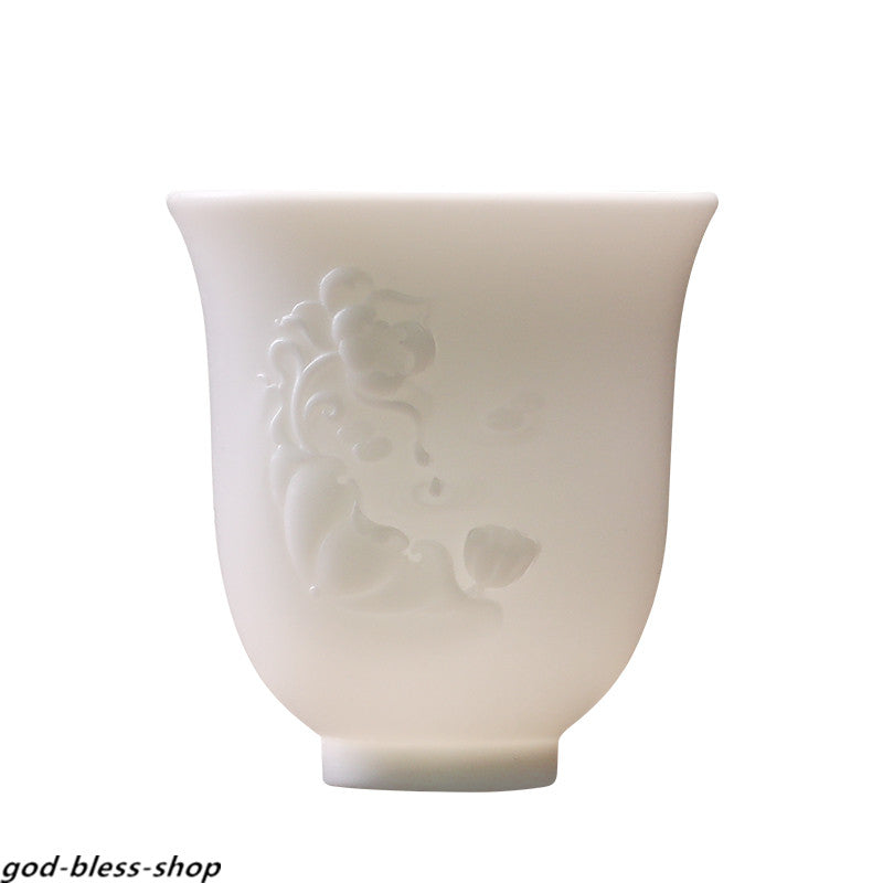 Jade Porcelain Tea Cup Handmade Carved Flower Relief 150ml Personal Cup Of Tea