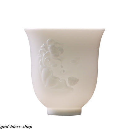 Jade Porcelain Tea Cup Handmade Carved Flower Relief 150ml Personal Cup Of Tea