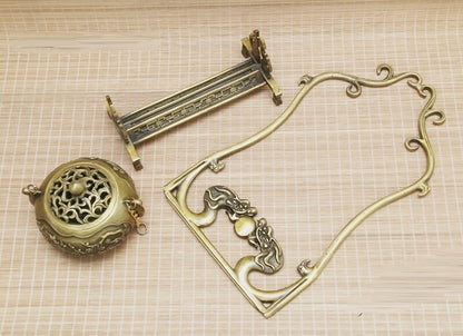 Chinese Brass Incense Burner Rack Statue Hanging Holder Dragon Flower Decor