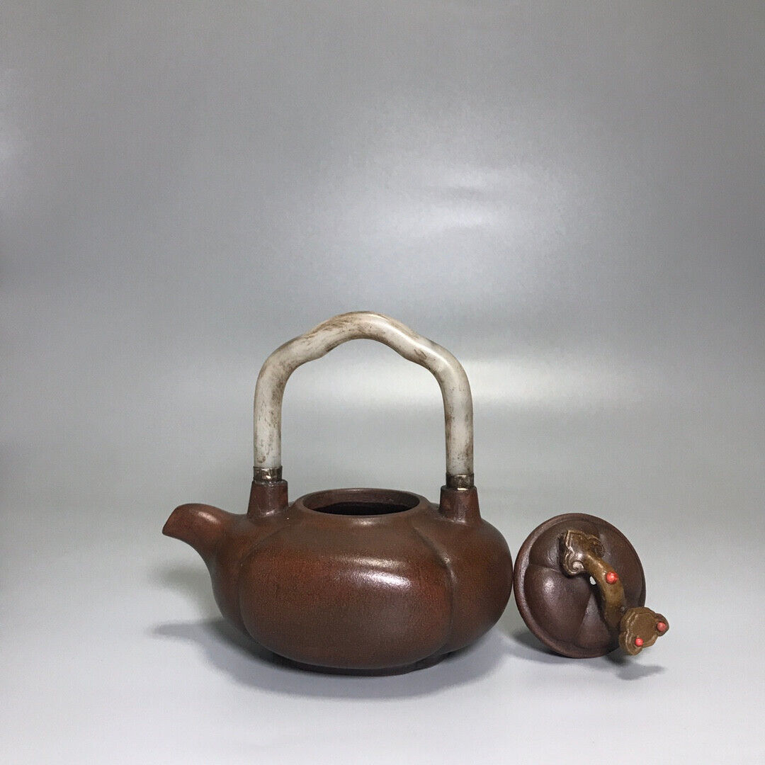 Chinese Yixing Zisha Clay Handmade Exquisite Teapot （如意镶玉提梁 底款：杨鹏年）