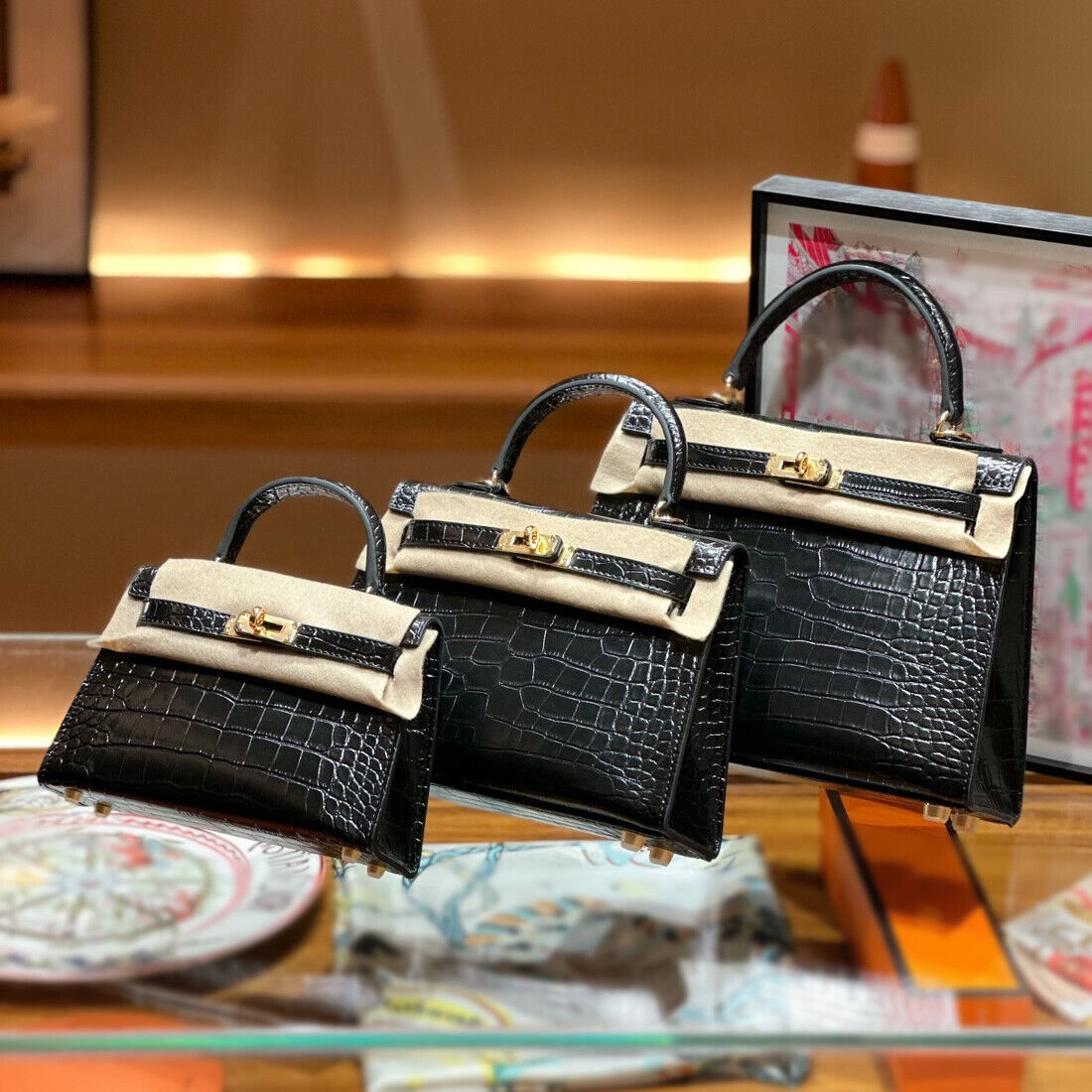 19/22/25cm Croc Effect Real Leather Flap Shoulder bag Tote Clutch Purse Fashion