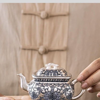 Chinese Ceramic Silver Finish Teapot 150ml Enamel Floral Square Gongfu Tea Pot