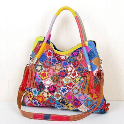 Genuine Leather Cowhide Bag Handmade FlowersShoulder Bag Female Handbag
