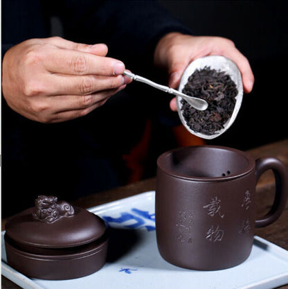 Authentic Yixing Zisha Tea Cup with Infuser Cup Lid Handle Holder Handmade Carve