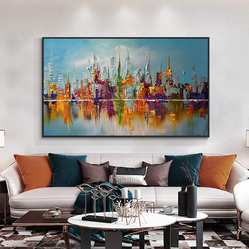 Abstract Colorful Large City Building Painting Handpainted Oil Painting Canvas