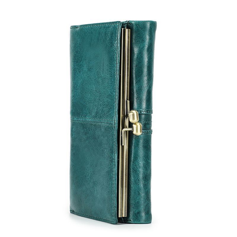 Wallet Metal Frame Genuine Leather Purse Hasp Zipper Coin Pocket Card Holder Bag