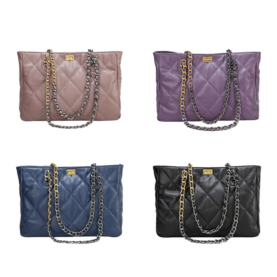 Quilted Sheepskin Leather Shoulder Bag Tote Handbag w/ Chains Purse Fashion