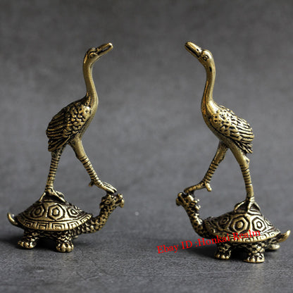 Solid Brass Turtle & Crane Figurine Miniature Vintage Turtle Tea Pet Ornament