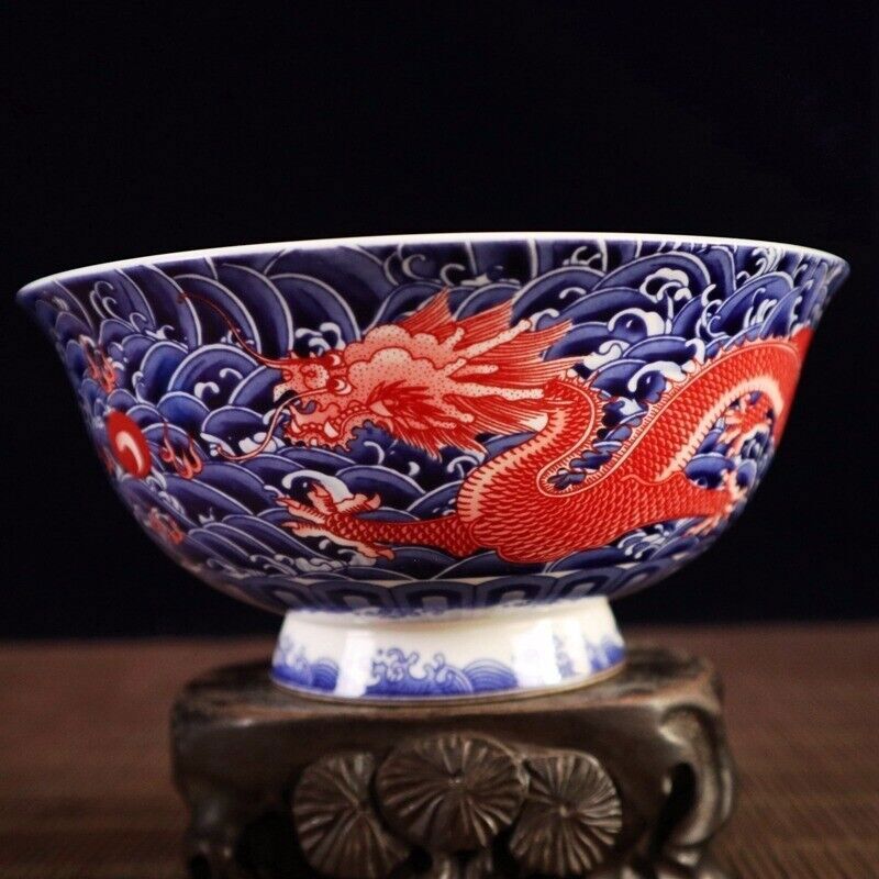 6.2" Chinese Blue and White Porcelain Red Glaze Two Dragon Grain Big Bowl