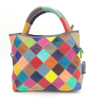 Multicolor Patch Real Leather Raw Edge Tote Shoulder Bag Purse Crossbody Handle