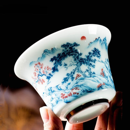 Ceramic Tea Cup Blue White Porcelain Portable Single Cup Home Handmade Teacup