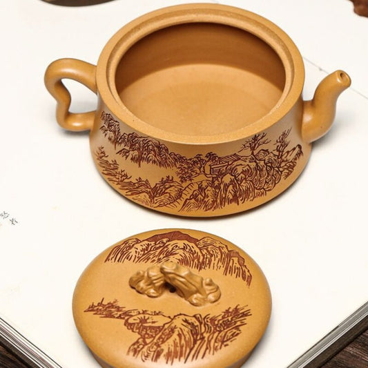 Chinese Teapot Marked Handmade Mountain Carved Master Pot Zen Style Yixing Zisha