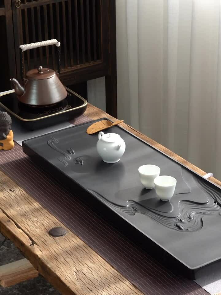 Handmade Carved Black Stone Tea Tray Water Draining Tea Table Weighted Tea Boat