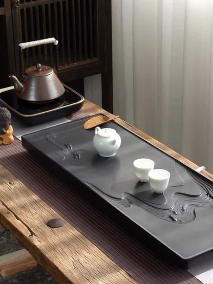 Handmade Carved Black Stone Tea Tray Water Draining Tea Table Weighted Tea Boat