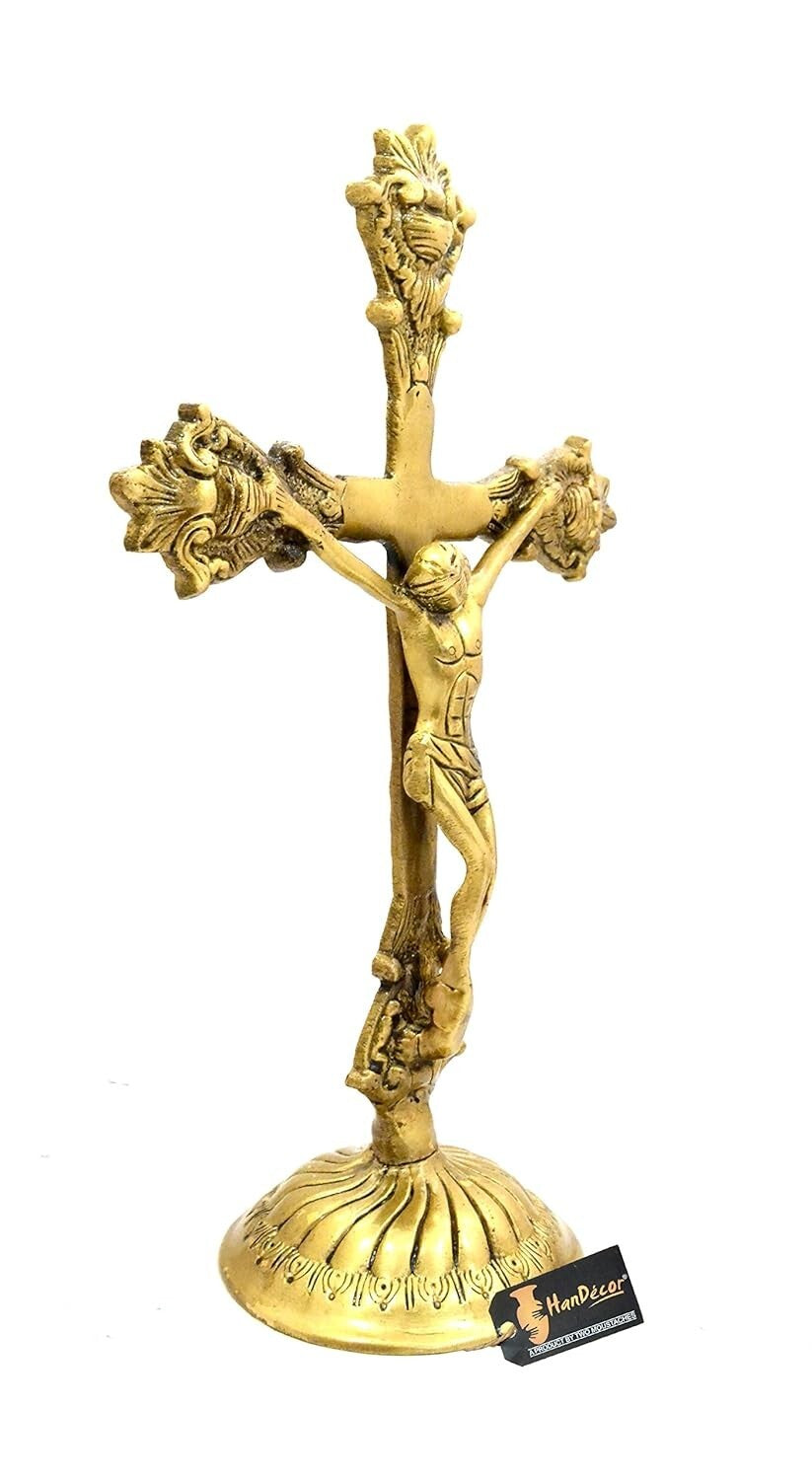 Brass Lord Jesus On Holy Cross Statue Figurine Standard, Antique Yellow 1 Piece