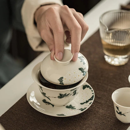 Ceramic Handmade Tureen Kung Fu Tea Set Bowl Cup Chrysanthemum Pattern Gaiwan