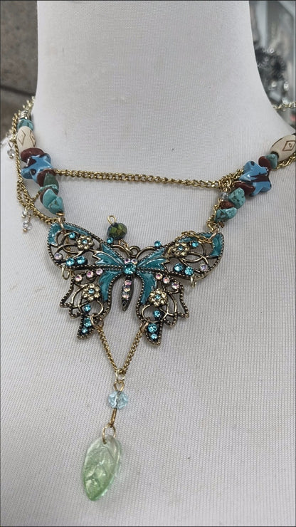 Retro Butterfly Choker Beaded Necklace 2-in-1 Cool Unique Simulated Turquoise