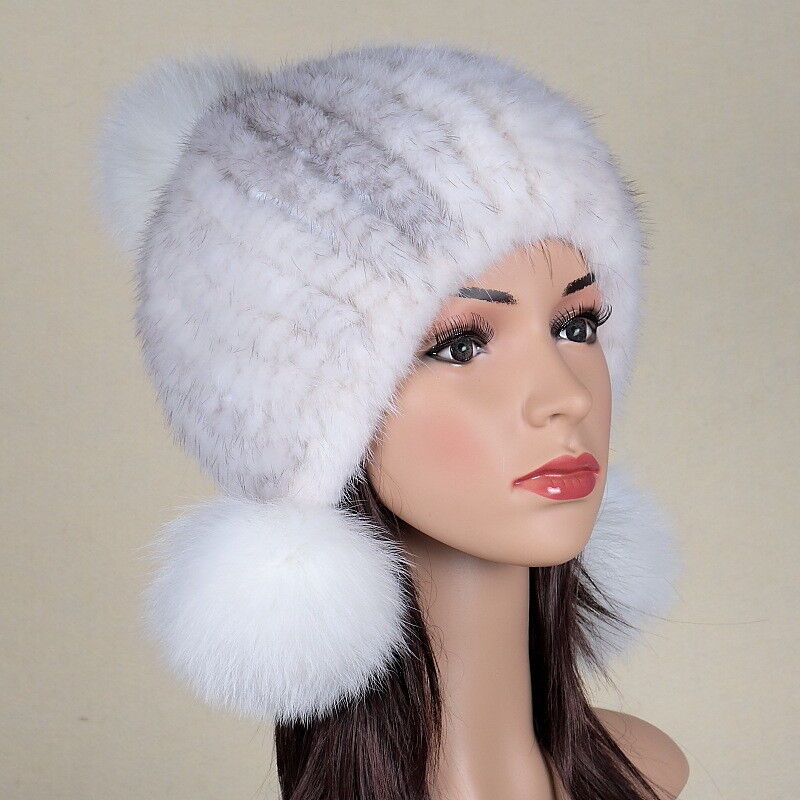 Winter Graceful Women Mink Fur Hats Real Knitted Fur Caps with Fox Fur Earflaps