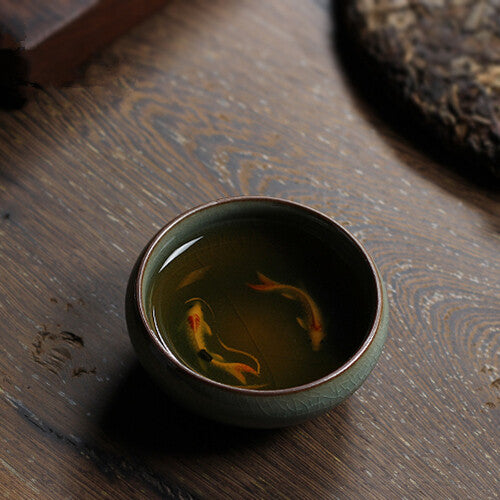 Longquan Porcelain Tea Cup Crackle Glaze Brother Kiln Serving Cup Double Fish