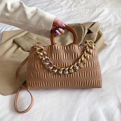 Thick Chain Shell Bag Synthetic Leather Crossbody Purse Wooden Handle 17*33*8 CM