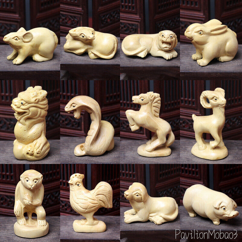 12 Pcs Boxwood Carved Chinese Zodiac Year Netsuke Figurines Statues Animals Gift
