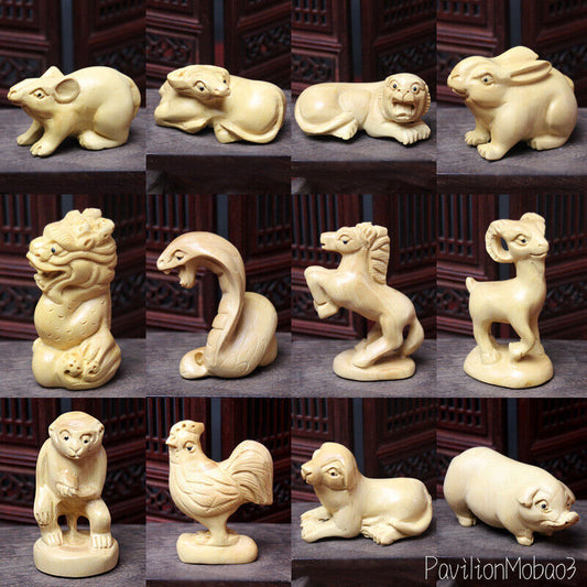 12 Pcs Boxwood Carved Chinese Zodiac Year Netsuke Figurines Statues Animals Gift