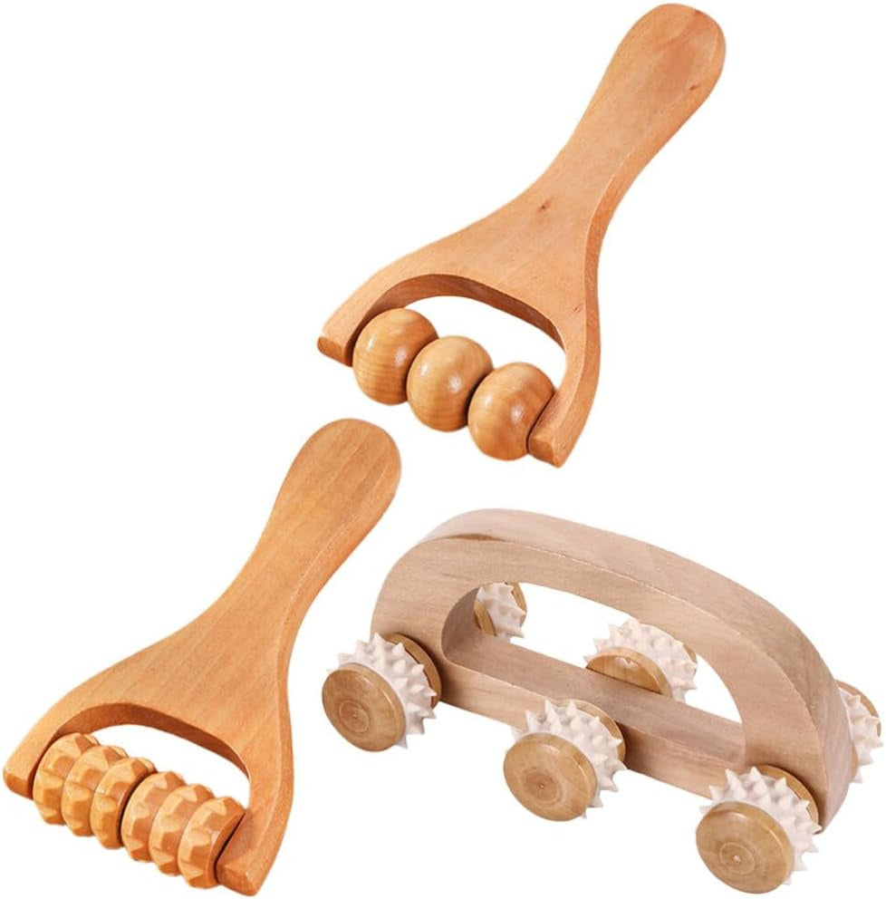 Wooden Massage Roller Manual Back Massager Handheld for Neck Leg Pain 3 Pieces