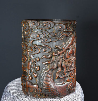 Old Chinese Bamboo Handcarved Dragon Jar Pots Pen Holder