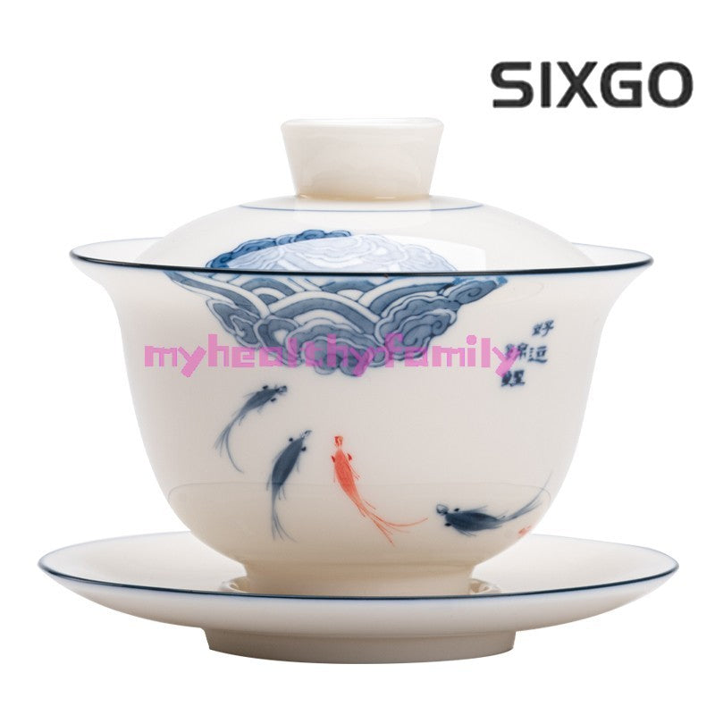 Hand Drawn Mutton-fat Jade Tea Bowl White Porcelain San Cai Gaiwan Tea Set