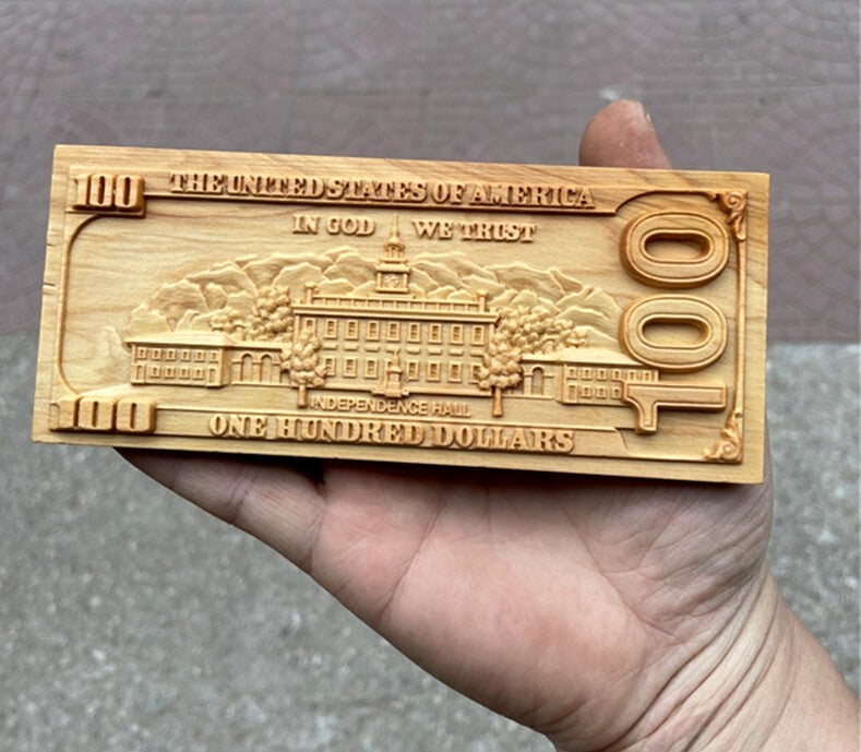 Cypress Wood Carved 100 Dollar Bill Statue Collection Decor