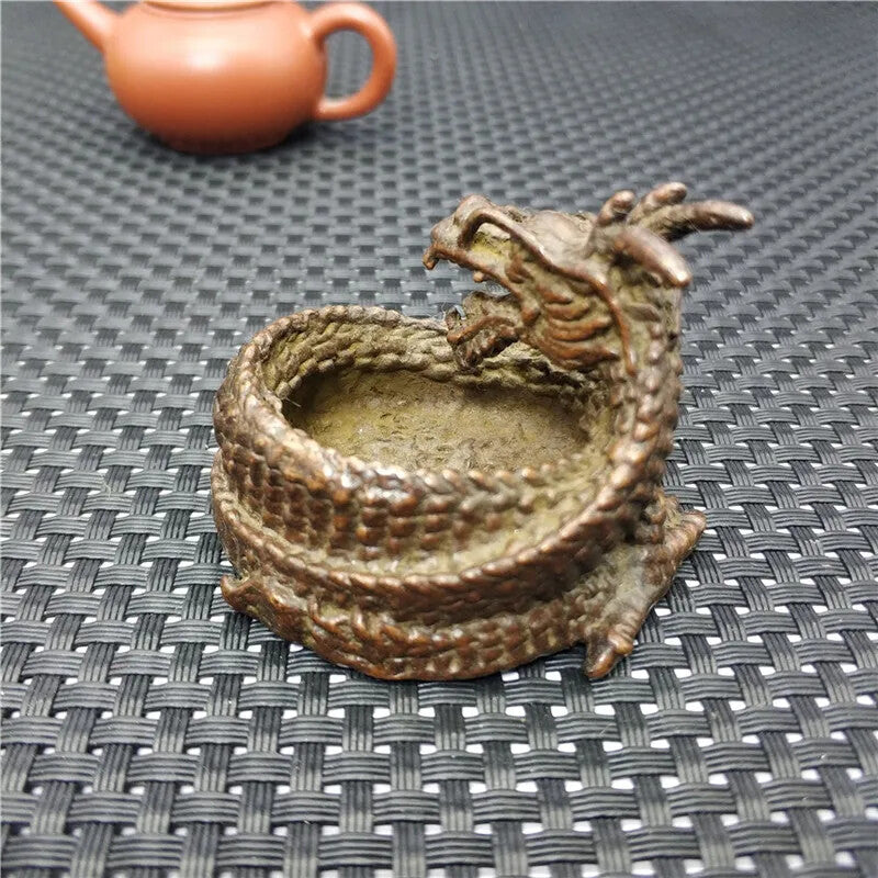 Chinese Bronze Sculpture Pure Brass Carving Dragon Statue Ashtray Zodiac Animal