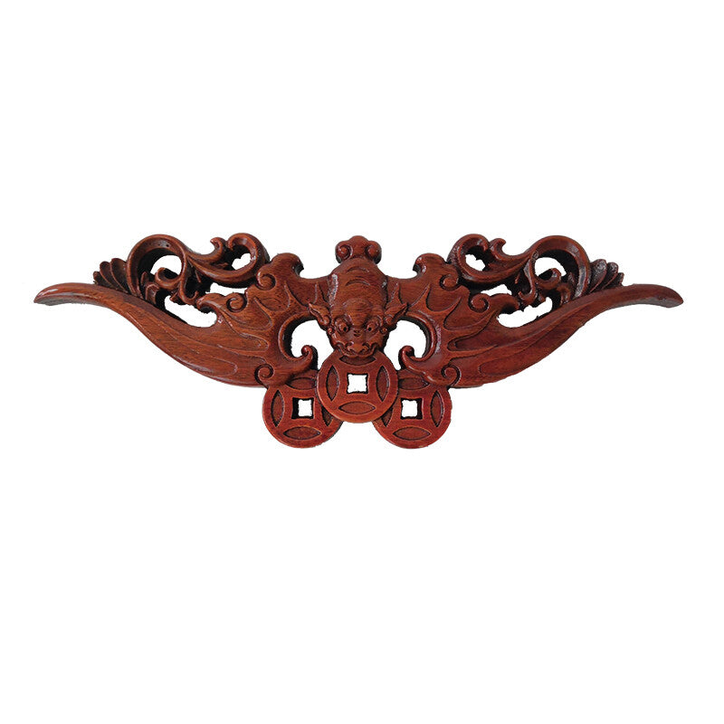 Chinese Hand Carved Statue Camphor Wood Bat Triangle Decal Wall Sculpture