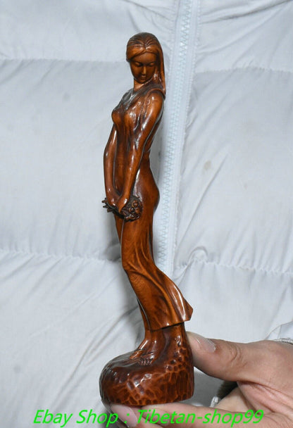 7.1''Old Chinese Boxwood Carving Beauty Beautiful Belle Statue Sculpture