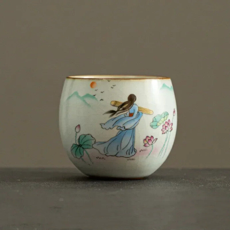 Ru Kiln Ceramic Teacup Lotus Pattern Coffee Cup Portable Handmade Tea Set