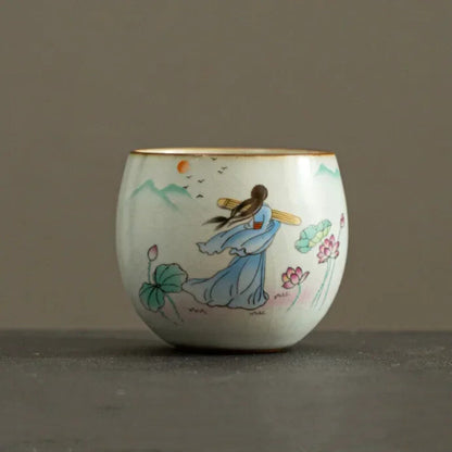 Ru Kiln Ceramic Teacup Lotus Pattern Coffee Cup Portable Handmade Tea Set