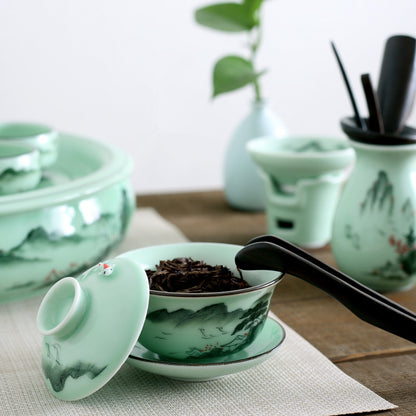 Longquan Celadon Porcelain Gaiwan Ceramic Fish Relief Handpainted Tureen Saucer