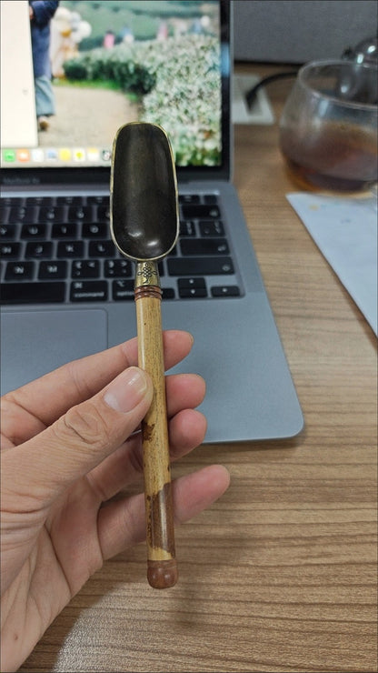Vintage Xiangfei Bamboo Tea Scoop Brass Ceremony Accessory Spotted Bamboo