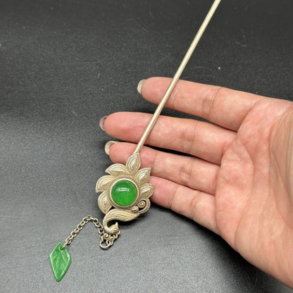 Miaosilver Peacock Hairpin Vintage Silver-Plated Green Bead Inlay Hair Stick