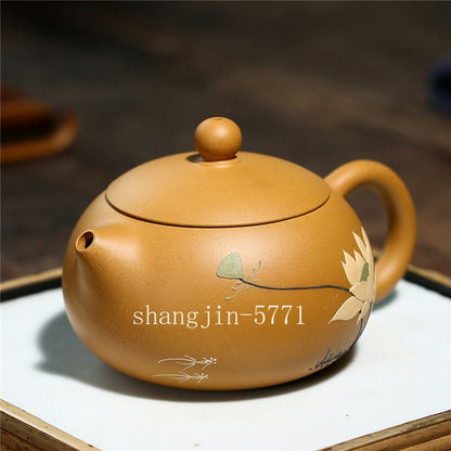 Yixing Zisha Duan Clay Tea Pot Floral Relief Handmade Xishi Pot Marked Pot