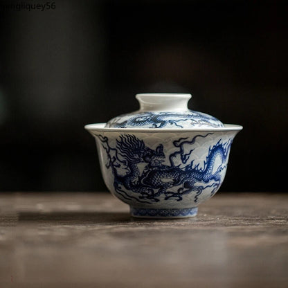 Dragon Gaiwan for Tea Ceramic Tureen with Lid Teaware Set Chinese Blue Tea Bowl