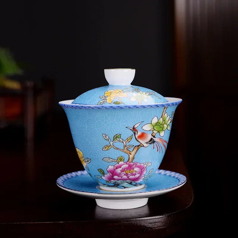 1PC Jingdezhen Gaiwan Enamel Color Tea Bowl Hand painted flower bird Teaset